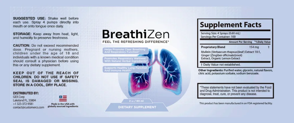 Breathizen supplement facts label — 154 mg proprietary blend of mullein, ginger, and organic lemon extract